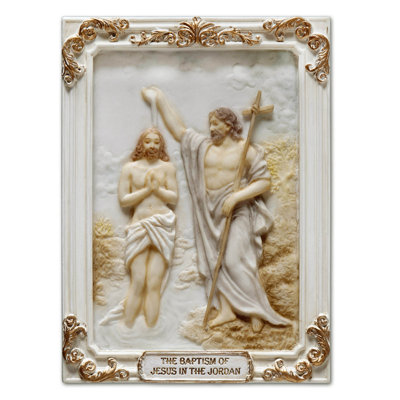 4.1 inches Length Polyresin Luminous Mysteries Baptism of Jesus in Jordan White and Gold Finish Figurine