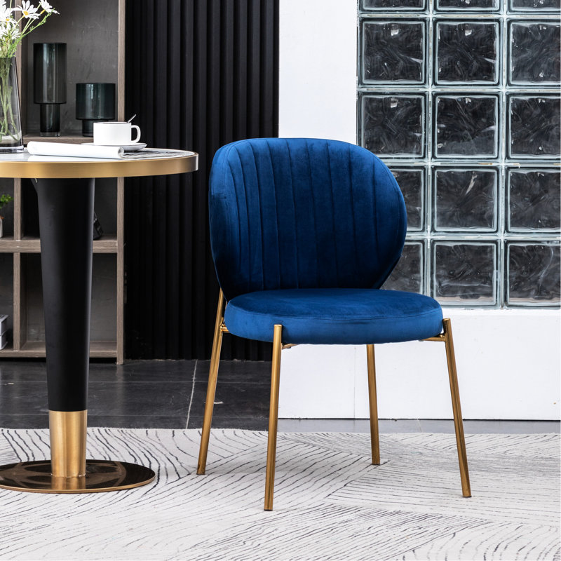 2 chaises de salle à manger rembourrées en velours bleu - chaises contemporaines incurvées et à base en métal, paire de rembourrage en mousse dense au look élégant
