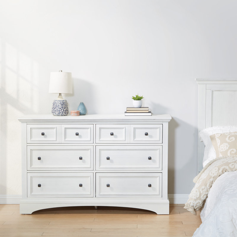 Commode double 6 tiroirs Bunbury, Blanc rustique