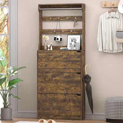 24 Pair Shoe Storage Cabinet 3 Flip Drawers, Adjustable Shelves & 9 Hooks - Space-Saving Entryway Organizer