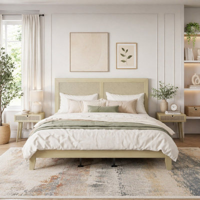 Solid Wood Platform California King Bed With Rattan