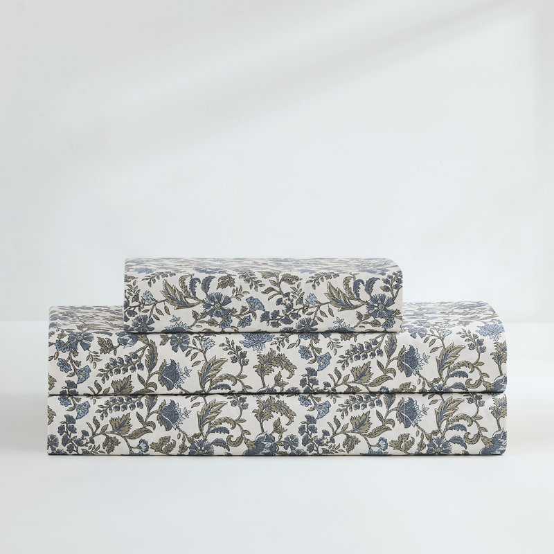 Lillian Block Print Cotton Sheet Set Blue, Twin Sheet Set with 1 Pilowcase
