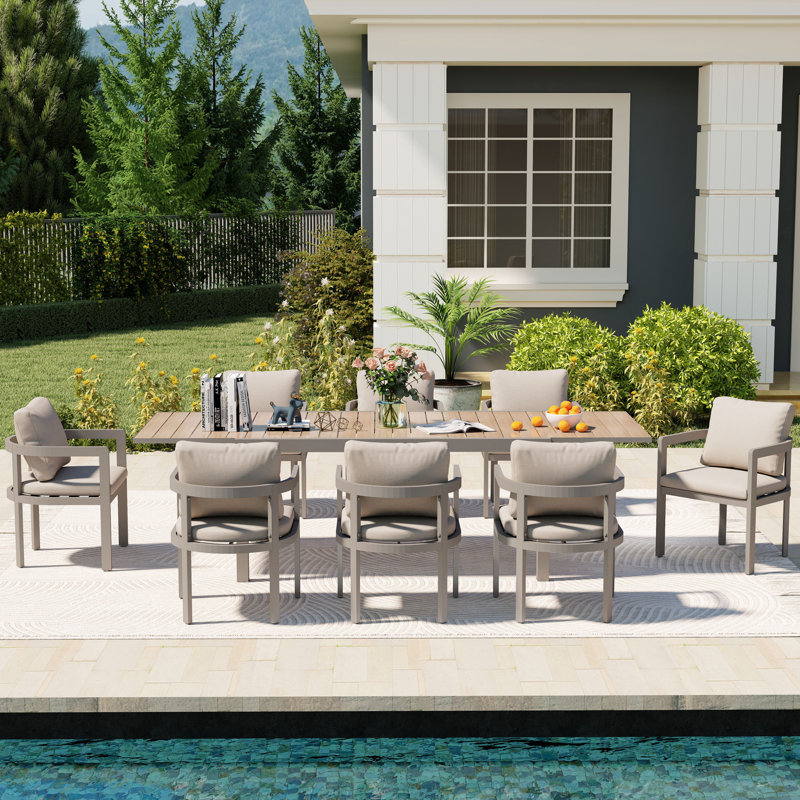 Ensemble repas d'extérieur pour 8 personnes avec table rectangulaire extensible, Beige, 8