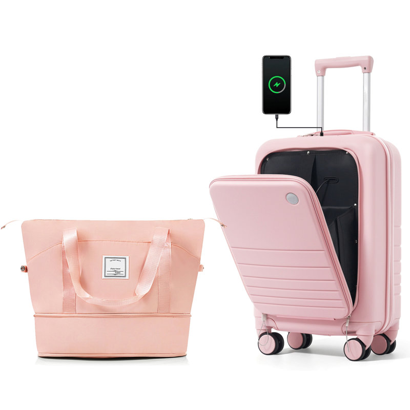 Ensemble de bagage à main à ouverture frontale de 20 pouces avec sac de voyage extensible, ensemble de valises en ABS rigide avec port USB, porte-gobelet