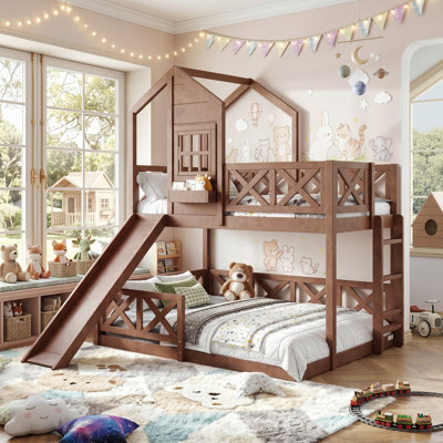 AVELOR Playhouse Bunk Bed with Slide, Safety Guardrail & Storage – Fun Kids Loft Bed for Imaginative Play