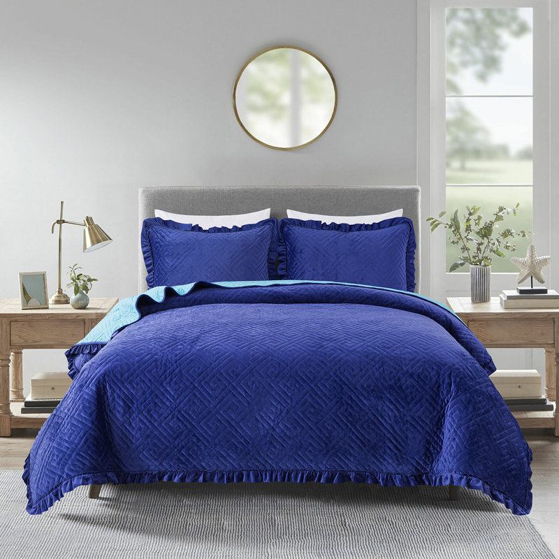 QSM0820210707 Geometric Shapes Bedding, King Quilt + 2 Shams, Navy
