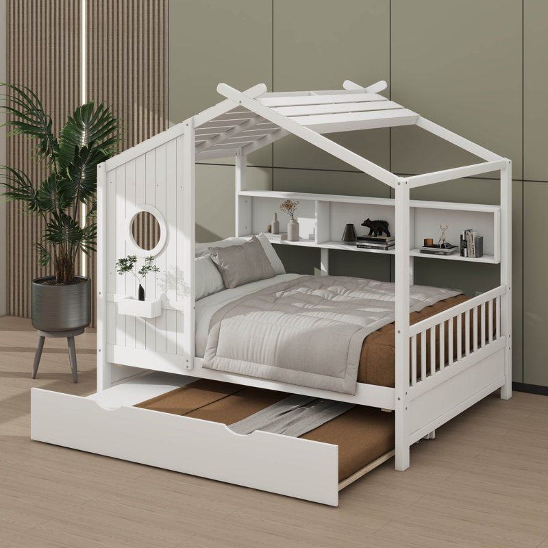 Lit double en bois de style moderne avec lit gigogne et tablette de rangement, Lit double, Blanc