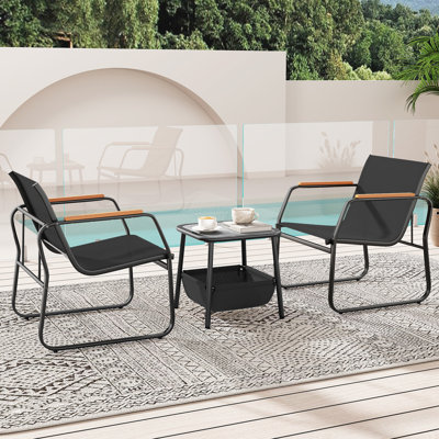 3 PCS Patio Furniture Set with Breathable Mesh Fabric and Metal Frame Garden Black