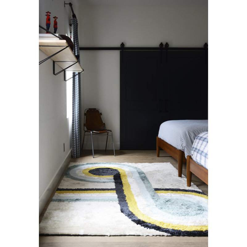 Tapis jaune / ivoire / vert viridian touffeté à la main Alstrom, Rectangle 7 pi 6 po x 9 pi 6 po