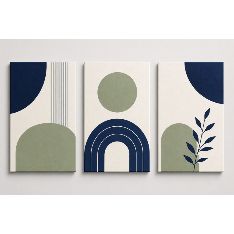 Grand ensemble de 3 reproductions d'art sur toile géométriques bleues et vertes de style Mid Century Modern
