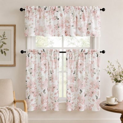  3 Piece Belissima Watercolor Floral Cafe Kitchen Curtain Tier & Valance Set - Rose