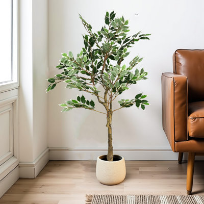 Arbre artificiel 51 po avec pot, gracieuse plume de figue, pré-empoté pour compléter le décor existant, cadre flexible 51 po, feuilles réalistes et abondantes, tronc torsadé, n'importe quel panier, bas