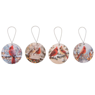 Ornement rond en bois brillant cardinal assorti - ensemble de 4