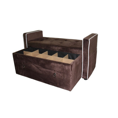Banc de rangement pour chaussures de 22 po, tissu en suède brun, cloison amovible en bois pour un rangement pratique, aucun banc de support d'assemblage avec rangement efficace,