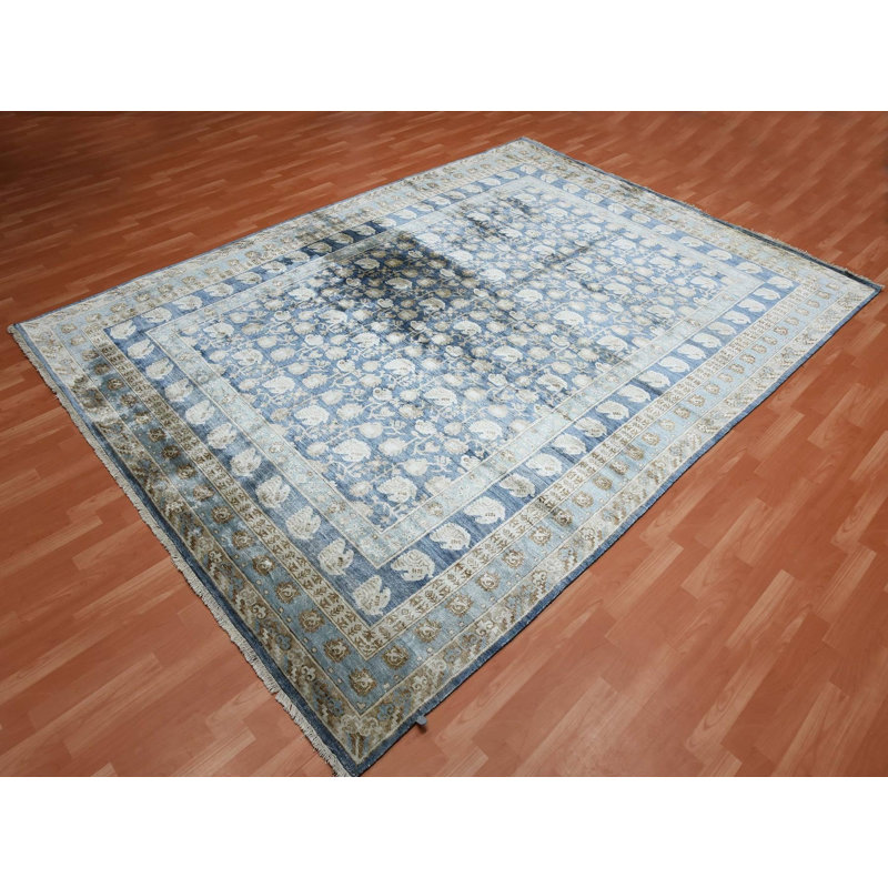 Tapis oriental bleu en soie noué à la main 8 pi 9 po x 12 pi 0 po - MOA10275242