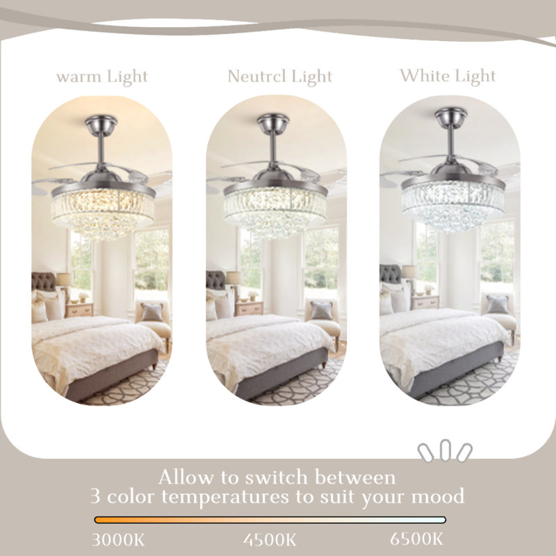 Silver Crystal Ceiling Fan With Light - 3 Colour Changing Dimmable Led, Remote Control