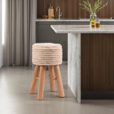 Modern Round Counter Height Barstool, 24 Inch Counter Height, Soft Padded Upholstered Backless Seat with Ethnic Pattern, Farmhouse Style, Kitchen Island/Breakfast/Pub, Mid-Century Natural Wooden Base, Multicolor