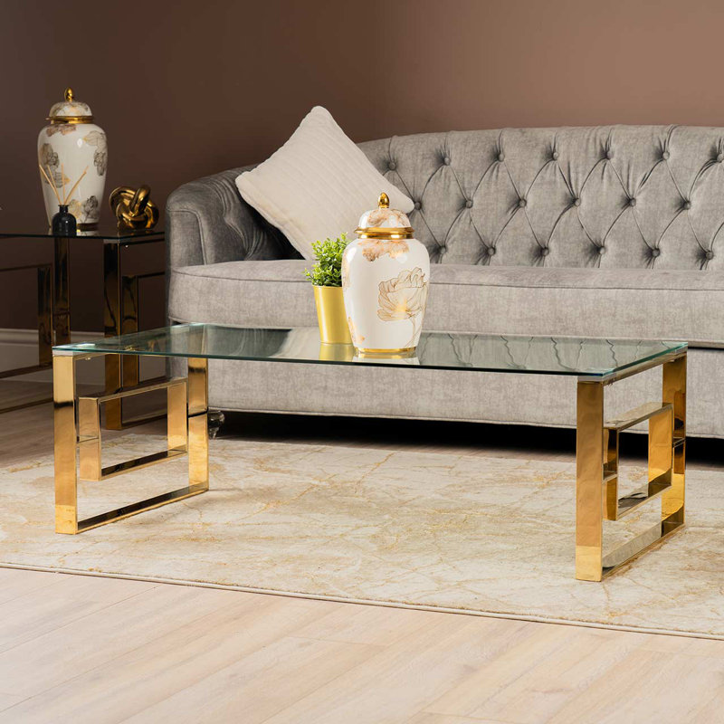 Acworth Rectangular Coffee Table for Living Room Furniture, 120cm Centre Table, Clear Top/Gold Base