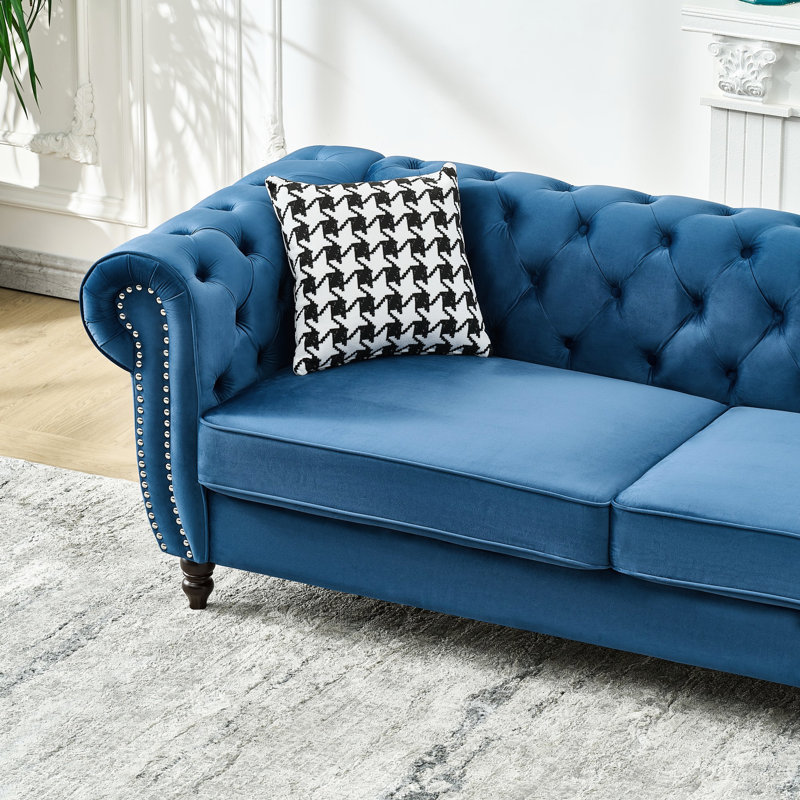 Canapé 2 places 65 po avec revêtement en velours bleu, accoudoirs arrondis, clous décoratifs, style moderne du milieu du siècle, bois de pin massif, mousse haute densité + ressorts, siège mi-ferme, pour bureau, accoudoirs arrondis, structure en bois.