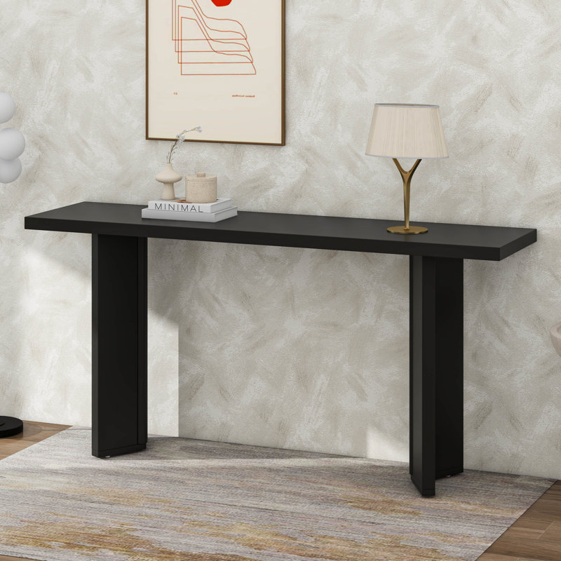 Stylish Console Table With Pine Veneer And Geometric Legs, Black