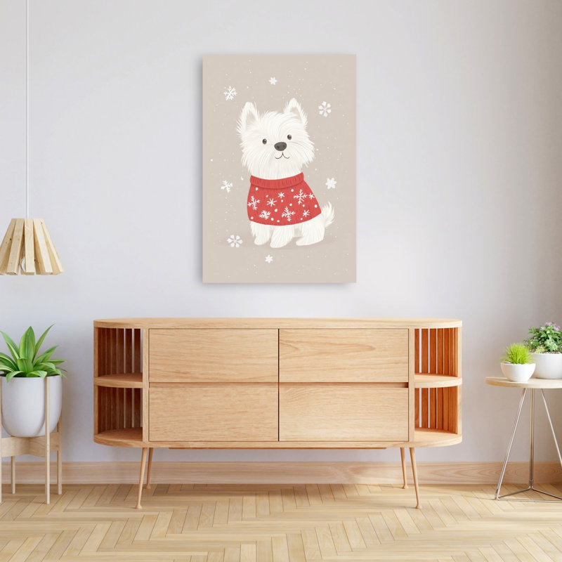 Cute Winter Westie Abstract Contemporary Dog Winter Landscape Wall Art Print 1 Piece Wrapped Canvas Wall Art