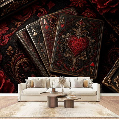 Papier peint mural autocollant moderne à motif de cartes à jouer de casino, symboles royaux, couleurs riches, pour chambre ou salon. Dimensions : 254 cm (L) x 366 cm (l).