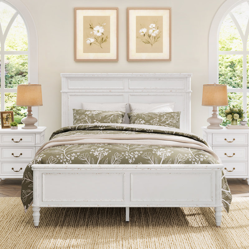 Mid-Century Modern Solid Wood Platform Bed with Cross-patterned Headboard, Distressed White, Queen