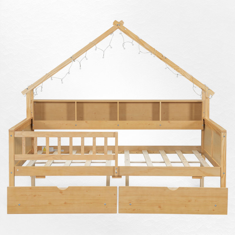 Lit plateforme double en bois avec rangement et garde-corps, Naturel