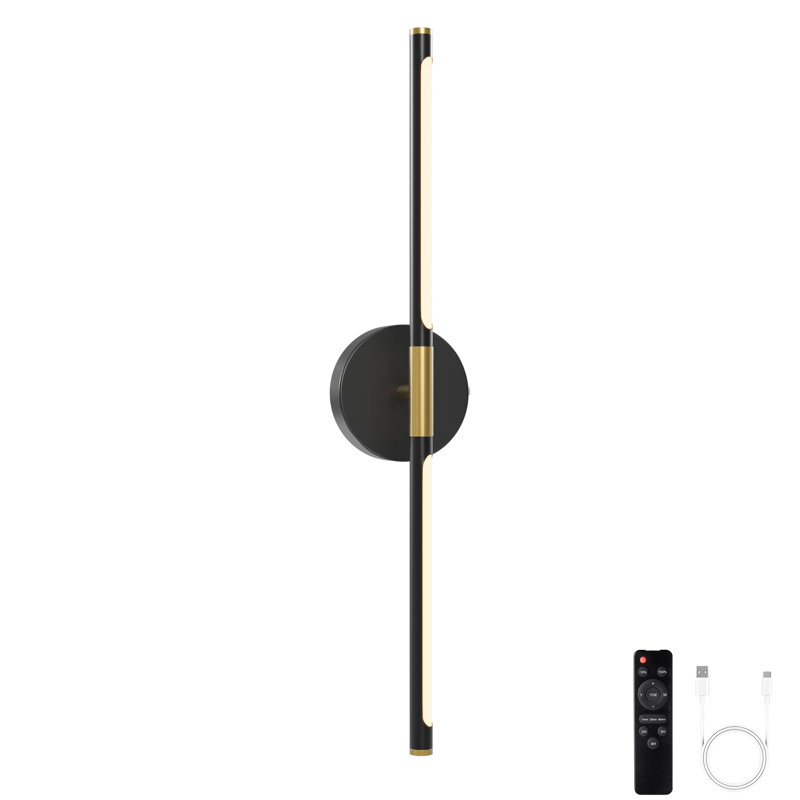 24" Battery Operated Wireless Dimmable LED Wall Sconces with Remote Control, Gold Matte Black