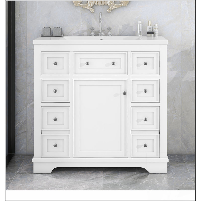 Meuble-lavabo de salle de bain avec lavabo et 6 tiroirs - Structure en bois massif, lavabo en céramique, tablettes réglables et cloisons