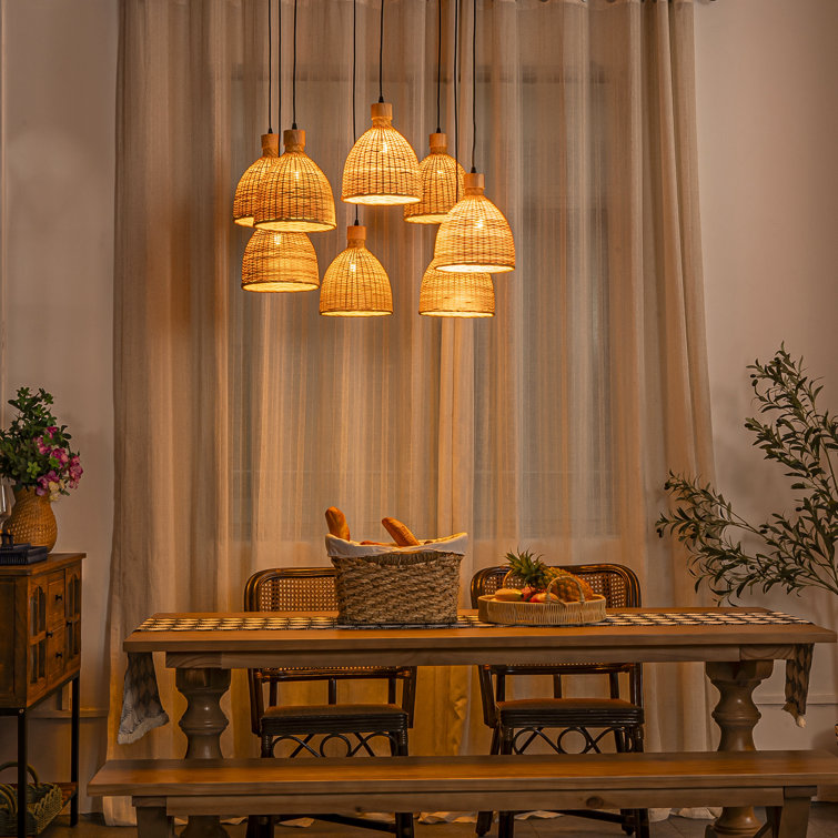 James 8-Light Cluster Pendant Light Rattan Dome Shade Staircase Chandelier In Matte Black