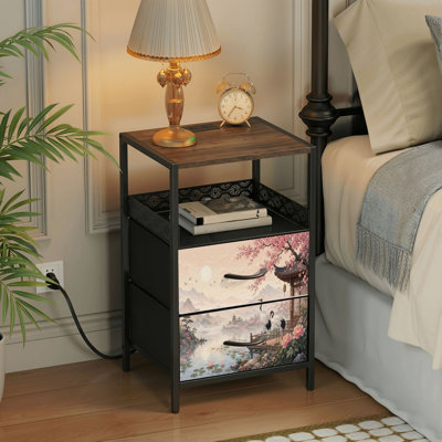 Table de chevet 2 tiroirs avec station de charge, table de chevet pour chambre à coucher avec ports USB, tablette ouverte noire, table de chevet avec paysage de lac serein