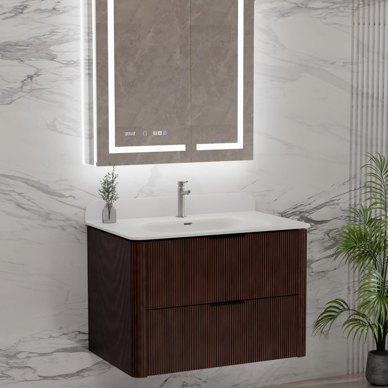 Meuble-lavabo mural moderne cannelé 24 po (chêne / noyer) - Lavabo intégré en acrylique avec tiroirs à fermeture douce, coins arrondis
