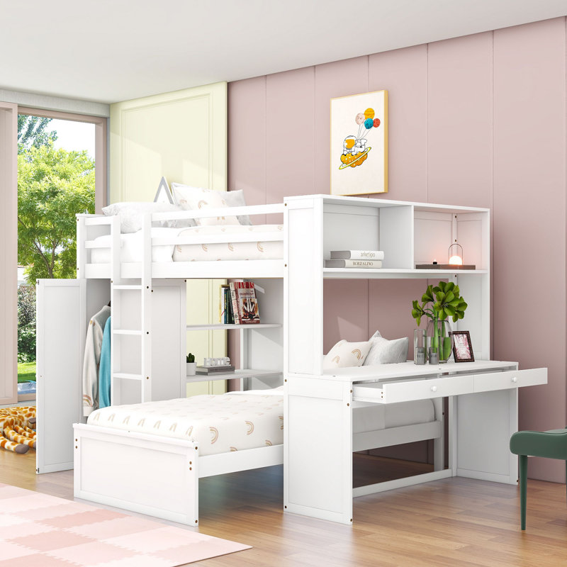 Hockaday Full Over Twin Size Wood Bunk Bed with Shelves,Desk and Wardrobe, White