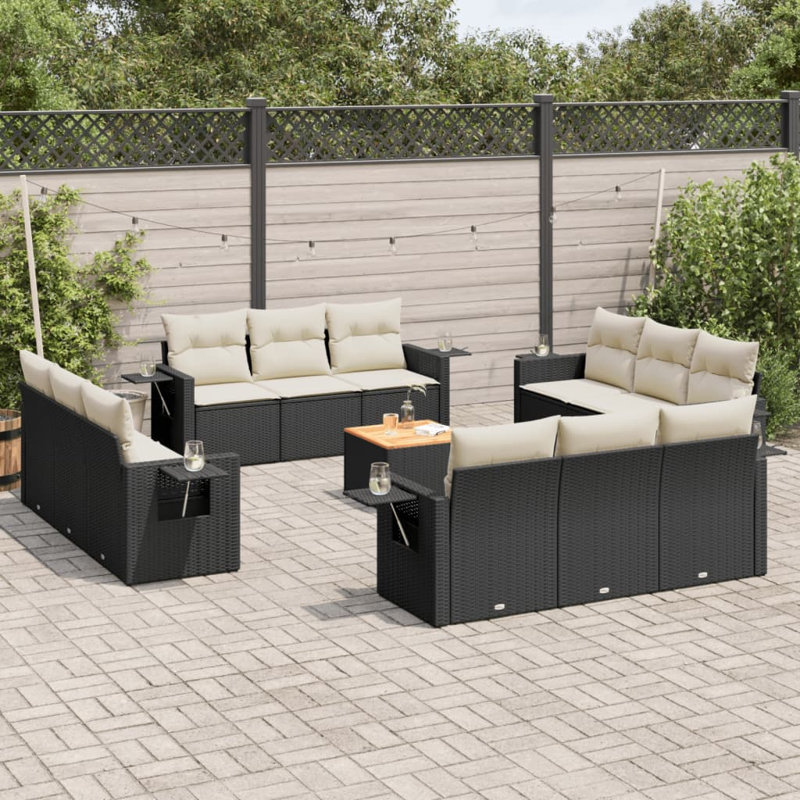  Ensemble de canapé de jardin noir, blanc crème, Coussin blanc crème / structure beige