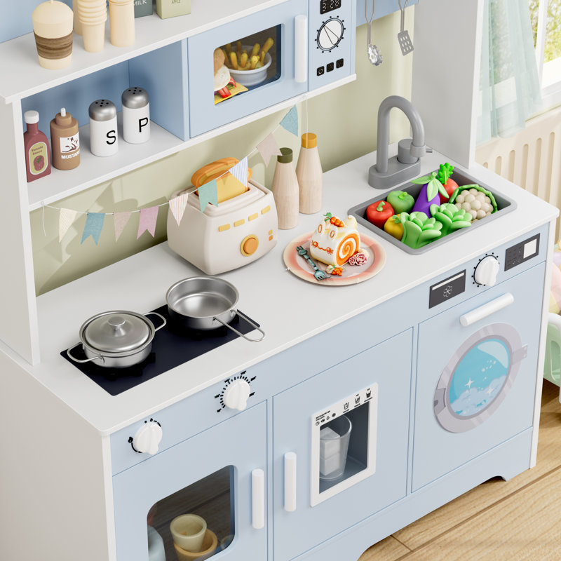 38.6"H Wooden Kitchen Play Set For Kids, Pretend Play Kitchen, Toodler Cooking Playset, Blue