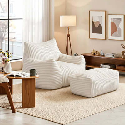Corduroy Bean Bag Lounge Chair with Footrest and High-Density Foam