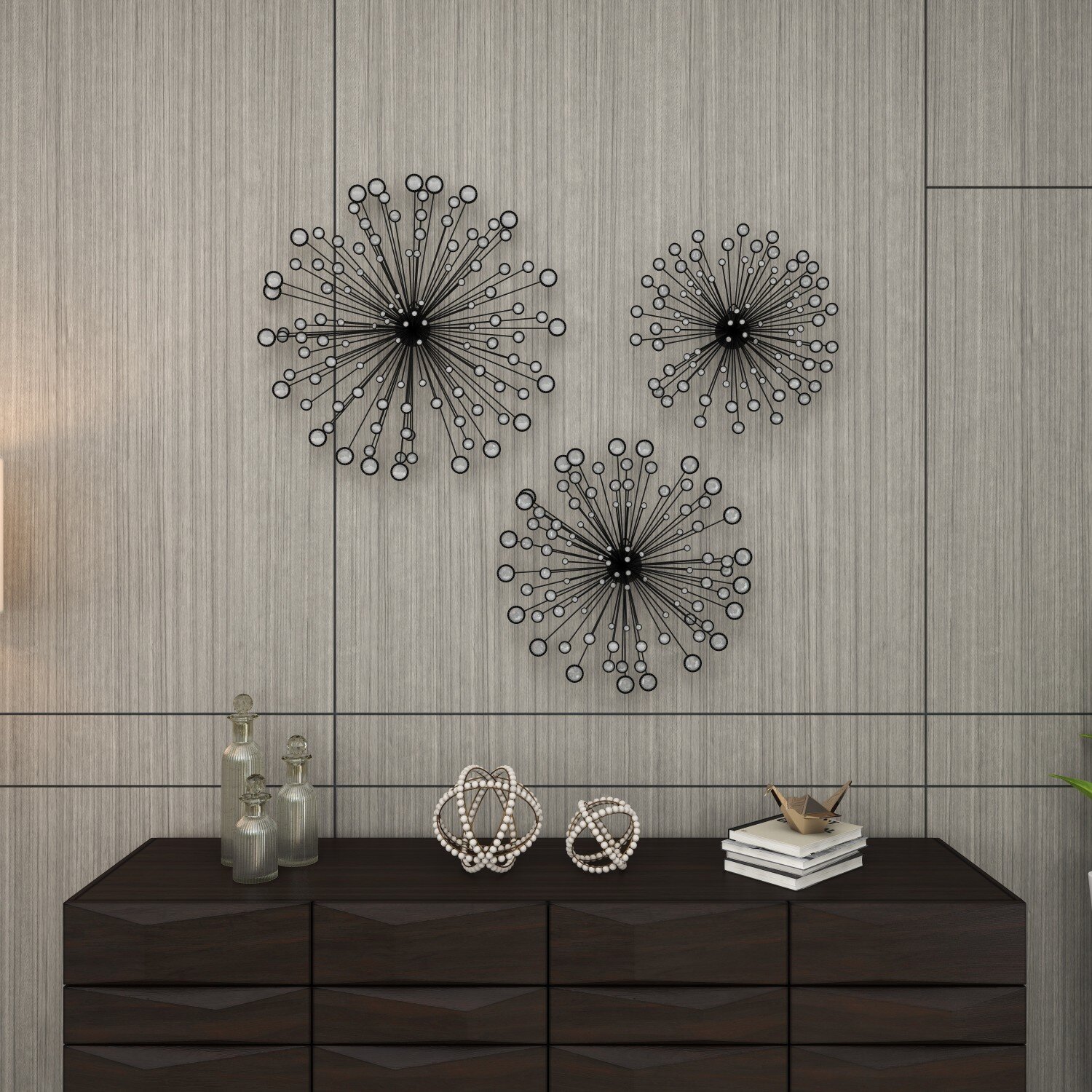 DecMode Black Metal Starburst Wall Decor with Crystal Embellishments (3  Count) 
