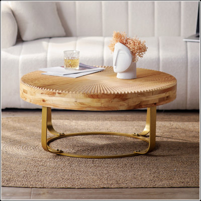 Modern Round Wooden Carved Coffee Table With Metal Legs, Perfect For Enhancing Any Living Room Decor And Functionality.