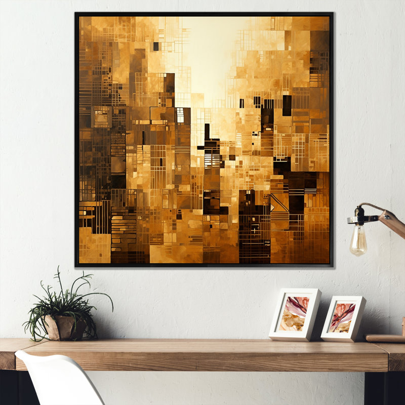 «Modern Cityscape Skycraper Bronze Blocks I», reproduction d'art sur toile, Cadre flottant noir, H 24 po x l 24 po x P 1 po