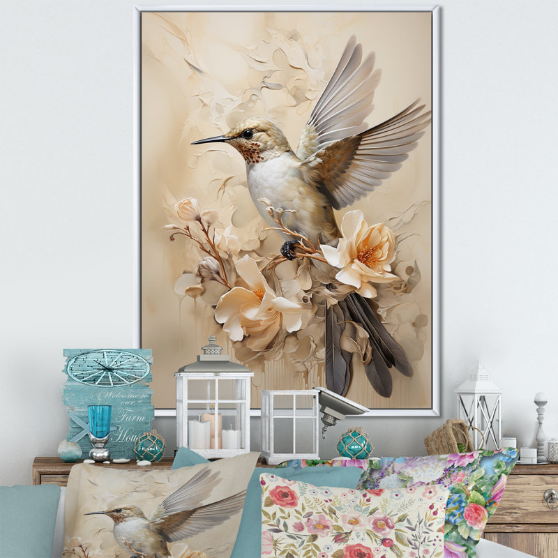 Colibri floral flottant I - Art mural colibri pour le salon, H 20 po x l 12 po x P 1 po, Cadre flottant blanc