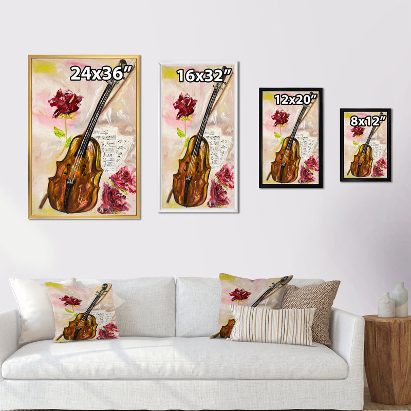 Violon et roses - sur, H 36 po x l 24 po x P 1 po, Toile avec cadre flottant or