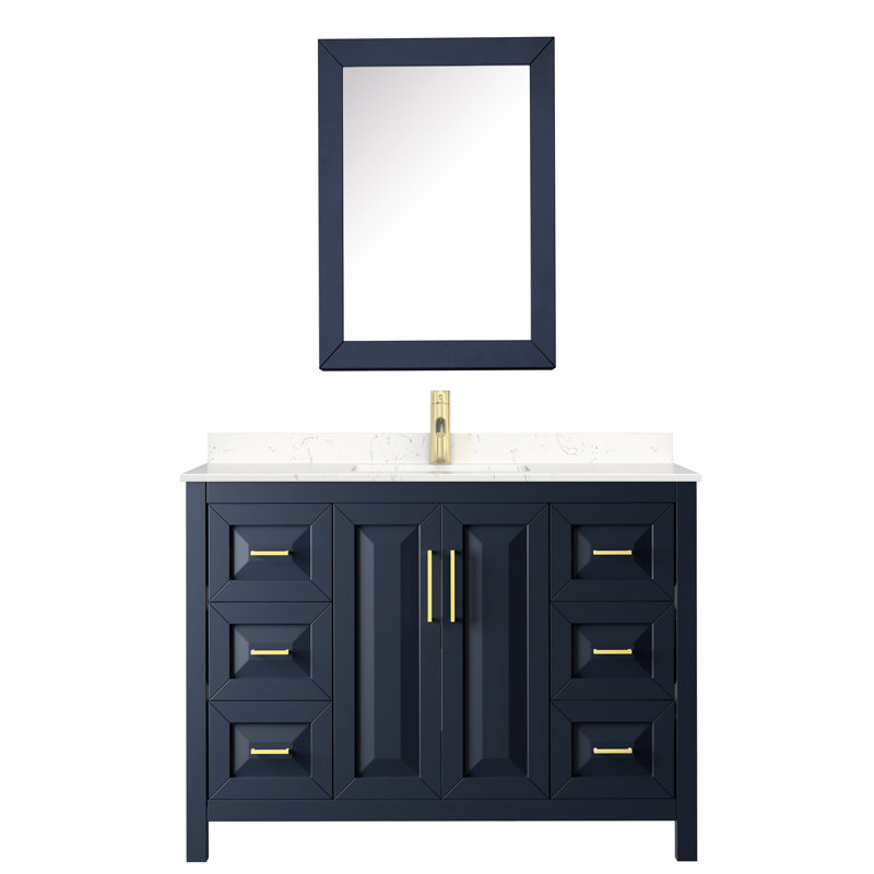 Ensemble de meuble-lavabo simple 48 po avec miroir Daria, Bleu très foncé, Or brossé