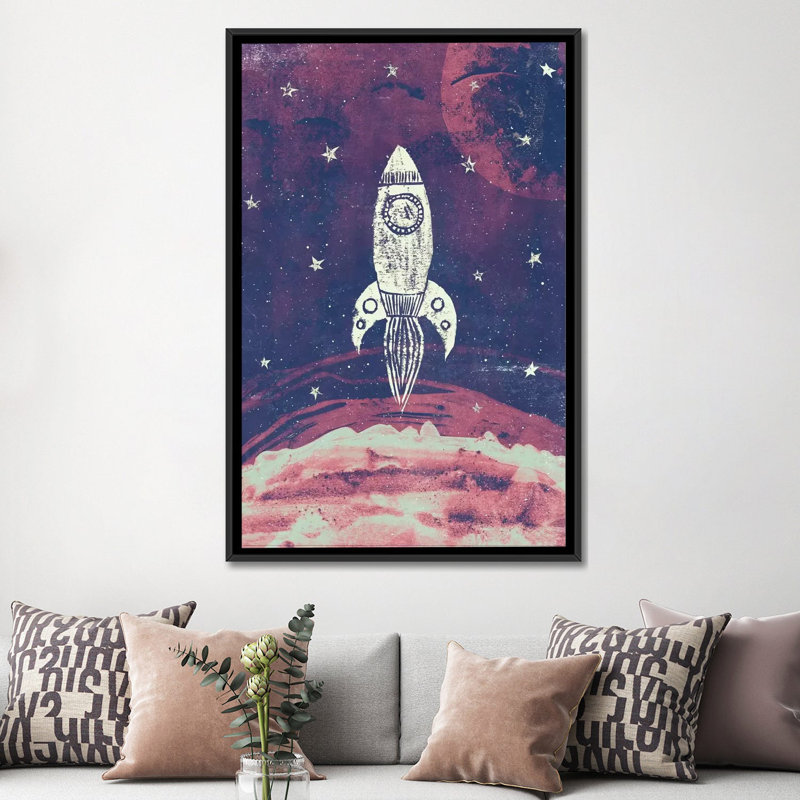« space adventure », peinture sur toile tendue, H 26 po x l 18 po x P 1,5 po, Toile avec cadre noir, Pas de tapis