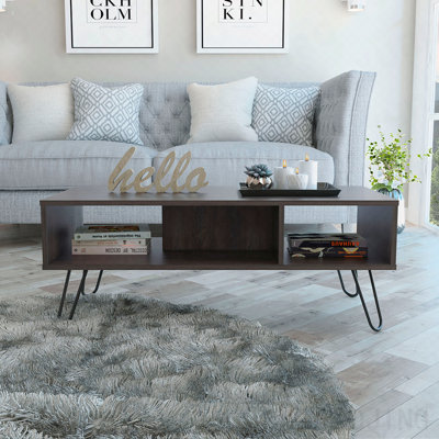 Table basse espresso avec pieds en épingle et deux tablettes