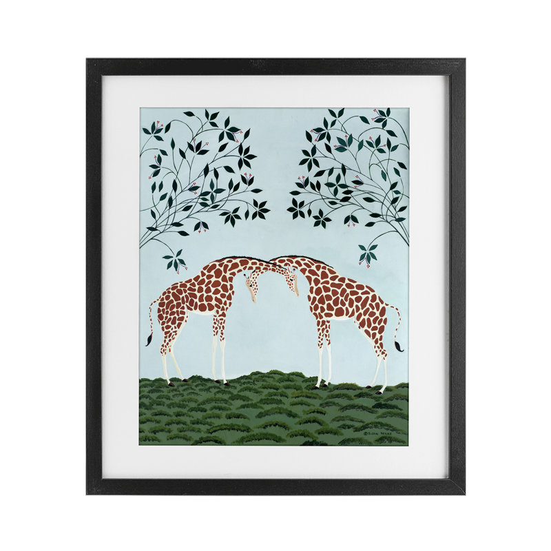 «Friendship», reproduction encadrée sous verre girafes symétriques par Susan Henke, Cadre noir minuit, H 16 po x l 13 po