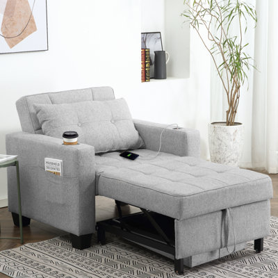 Latitude Run 36.6" Wide Convertible Chair 3-In-1 Pull Out Sleeper Futon Chair Beds with USB