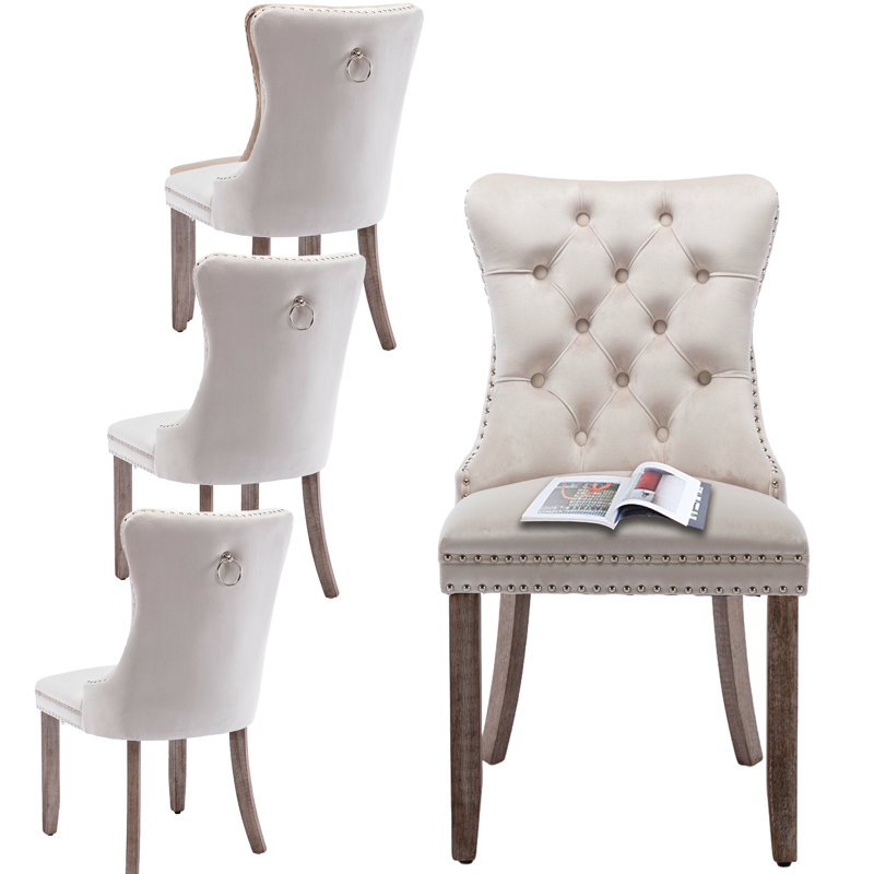 High-end Tufted Velvet Upholstered Nailhead Dining Chair (Set of 4), Beige, Brown