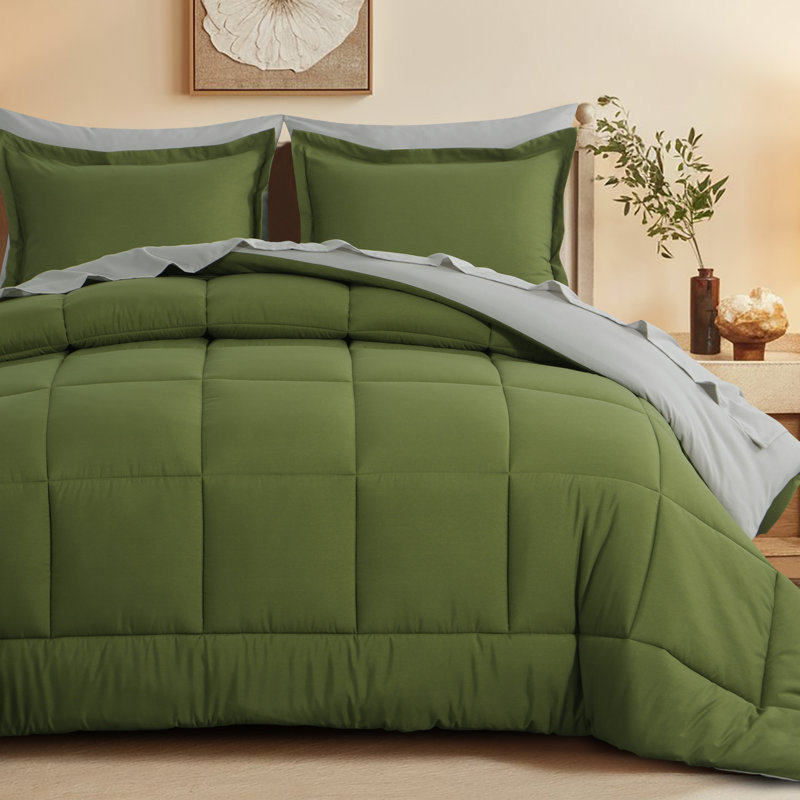 5/7 Piece Microfiber Bed-In-A-Bag Comforter Set , Olive Green/Light Grey, Full Comforter + 6 Additional Pieces
