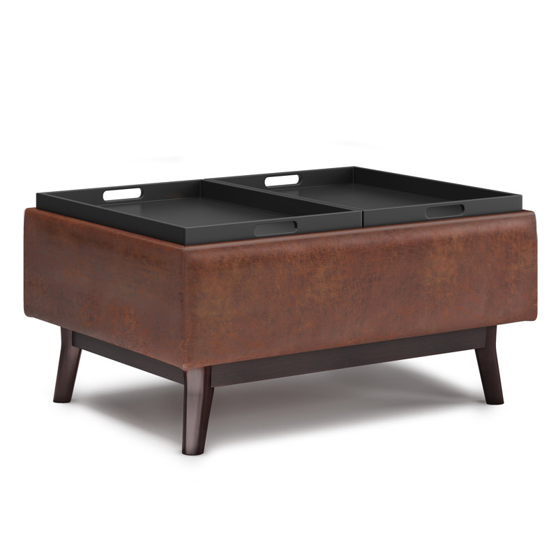 Repose-pieds capitonné rectangulaire Mid-Century avec plateau Owen, Simili cuir brun délavé